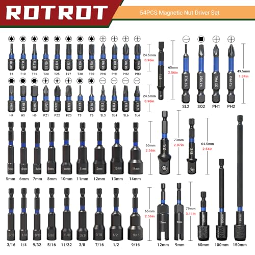 54-Piece Magnetic Nut Driver Set, Impact Drill Driver Bit 1/4", Metric & SAE Nut Drivers for Impact Drill, Socket Adapters, Screwdriver Bit, Quick-Release Extension, Wing Nut Driver, Storage Box 54-Piece Magnetic Nut Driver Set