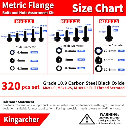 Kingarcher 320 Pcs Metric Nuts and Bolts Assortment Kit, Grade 10.9 Black Flange Hex Bolts M6x1.0 M8x1.25 M10x1.5 (12-30mm), Alloy Steel Hex Nuts Flat Spring Lock Washers, Storage Case, Automotive Flange Bolt & Nut Set G10.9 – 320 PCS
