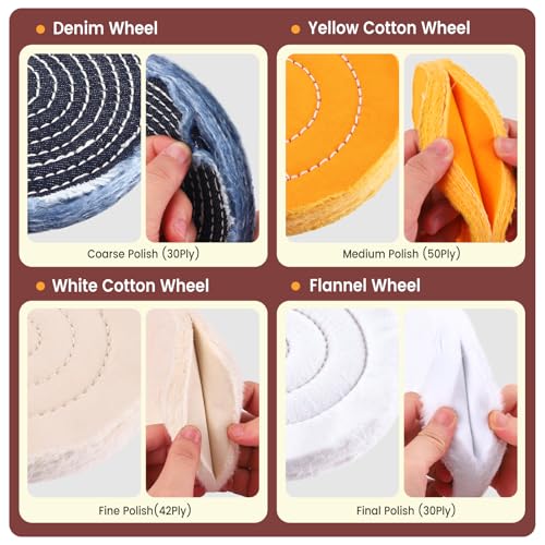 8PCS 8 Inch Buffing & Polishing Wheel Kit for Bench Grinder, 1/2" Arbor Hole, Denim/Yellow/White/Flannel Polishing Wheels with 4 Buffing Compound Set,Polishing Rouge Bars 8 Inch - 8 PCS