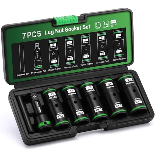 TecoTek 7PCS Lug Nut Socket Set, 1/2” Impact Thin Wall Flip Socket, Half Size Wheel Socket Set, Metric, 6 Point, 3" Extension Bar & Knockout Bar, 17.5mm, 18.5mm, 19.5mm, 21.5mm, and 22.5mm Half Size Metric