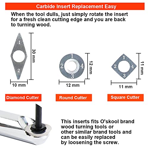 O'SKOOL Carbide Wood Turning Tools Set for Lathe Includes Diamond, Round, and Square Shape Replaceable Carbide Tipped Turning Lathe Chisels Wood Turning Projects for Turn Pens or Ornaments