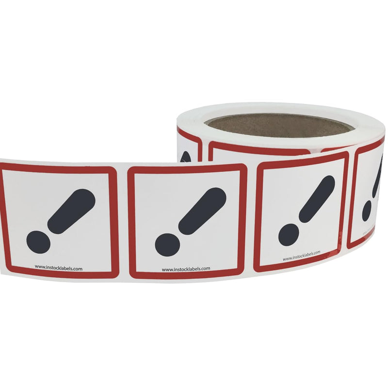 GHS Pictogram Labels Exclamation Mark, 2 x 2 Inch Square Hazard Stickers, 500 Total Adhesive Labels on a Roll for Chemical Safety, GHS Compliance, and Workplace Labeling – Made in the USA