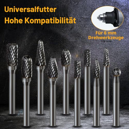 Carbide Milling Cutter Set, 10 Pieces Double Cut with 6mm Shank Rotary Cutter Bits Rasp Set for Wood, Steel, Metal, Polishing, Engraving and Drilling | Double Cut Rotary Cutter Bits Rasp Set for Wood, Steel, Metal, Polishing, Engraving and Drilling