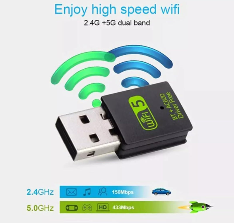 USB WiFi Bluetooth Adapter, 600Mbps Dual Band 2.4/5Ghz Wireless Network External Receiver, Mini WiFi Dongle for PC/Laptop/Desktop Computer Driver Free Green WI-FI
