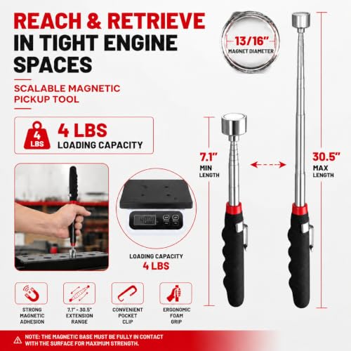 Magnetic Tool Mat Set – 4 Magnetic Pads (Large, Medium, 2 Small) with Telescoping Pickup up to 30.5" & 360° Mirror up to 29.9", 40LB Parts Holder for Garage, Workshop, Auto ‎4 Mats & Pickup Tools & Inspection Mirror
