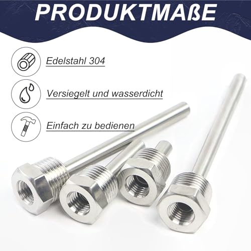 Stainless Steel Immersion Sleeve 1/2 Inch 8 x 250 mm for Temperature Sensors, Thermocouple Protection Tubes, Temperature Sensor Protection Tubes