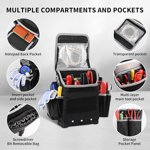 Chyaidach Electrician Tool Bag, 30-Pockets Heavy Duty Tool Pouch with Hard Bottom & Shoulder Strap, Utility Toolbox Storage Organizer for Service Tech HVAC Electrical Plumber