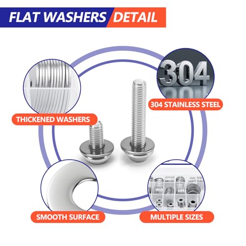 Fender Washers, 550 Pcs SAE and Metric Flat Washers Assortment Kit, Stainless Steel Washers for Screws and Bolts (M3, M4, M5, M6, M8, M10, M12, #6, #8, #10, #12, 1/4", 5/16", 3/8", 1/2") Fender Washers-550Pcs