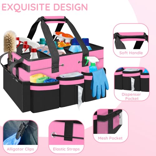 ZKOO Large Cleaning Caddy Bag with Handle, Portable Cleaning Supply Organizer Tote with Sturdy Support Board Adjustable Shoulder Strap, Multi-Compartment Storage for Housekeepers, Maids Cleaners, Pink