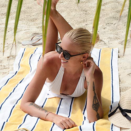 Aston & Arden Striped Beach Towel - Oversized 35 x 70 Soft Plush Thick Cotton, 600 GMS Heavy & Luxury for Pool Chairs, Resort, and Hot Tub, Yellow/Navy 1
