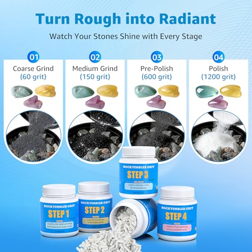 Rock Tumbling Grit & Polish Bundle – 4-Step Rock Tumbling Grits & Ceramic Media Kit + 8000 Grit Aluminum Oxide Polish, Step 5 Ultra-Fine High Gloss Finishing Refill for Rocks, Gems & Glass