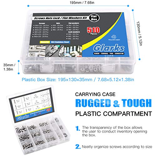 Glarks 510Pcs Flat Hex Stainless Steel Screws Bolts Nuts Lock and Flat Washers Assortment Kit + 665Pcs Stainless Steel Phillips Pan Head Screws Bolts Nuts and Flat Spring Washers Assortment Kit
