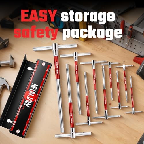 10pcs T-Handle Hex Allen Key Wrench Set 10mm 8mm 6mm 5mm 4.5mm 4mm 3.5mm 3mm 2.5mm 2mm with 3-Way Sliding Handle, Spinning Sleeve, Steel Storage Rack for DIY, Mechanics, Red t handle Hex allen wrench set