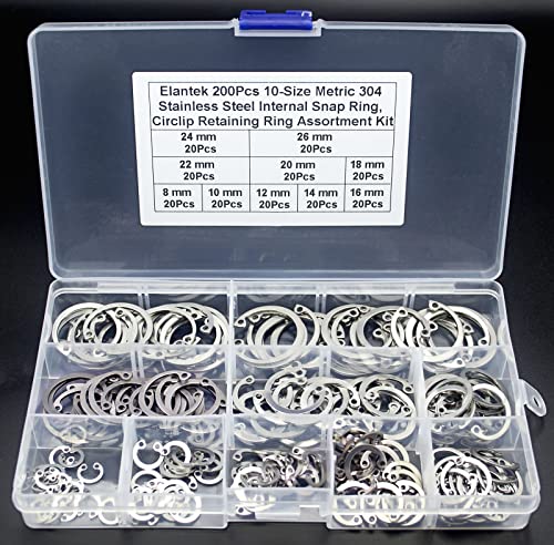 200Pcs 8mm 10mm 12mm 14mm 16mm 18mm 20mm 22mm 24mm 26mm Metric 304 Stainless Steel Internal Snap Ring, Circlip Retaining Ring Assortment Kit