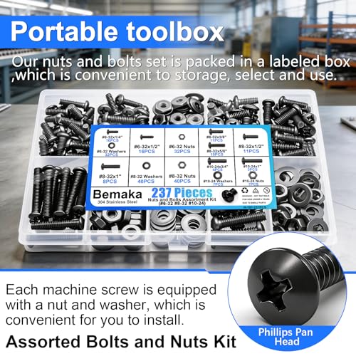 1287Pcs Nuts and Bolts Assortment Kit, 304 Stainless Steel Bolts Machine Screws Hardware Assortment Kit, Metric & SAE Phillips Pan Head Screws, Assorted Bolts, Nuts and Washers Kit + 237PCS Mac