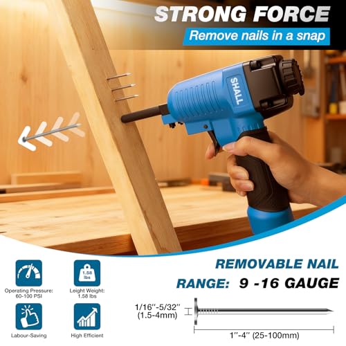 SHALL Pneumatic Nail Remover & 7.5’’ Flat Pry Bar Set, Heavy-Duty Air Punch Nailer Removes 9-16 Gauge Nails, 60-100 PSI Air Nail Puller/Denailer for Wood Pallets, Reclaimed Wood, 1/4’’ NPT Air Inlet