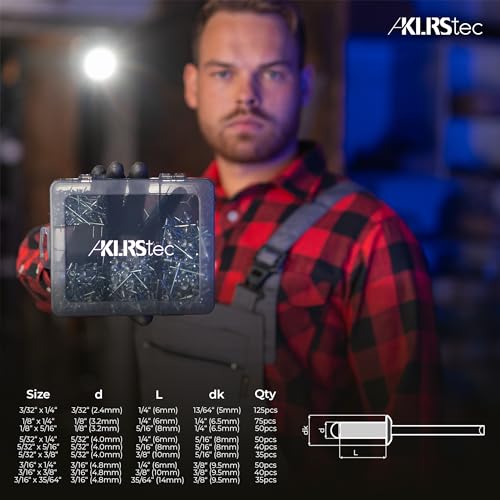 KLRStec Pop Rivets Assortment Kit, 500pcs Aluminum Blind Rivets, 4 Sizes