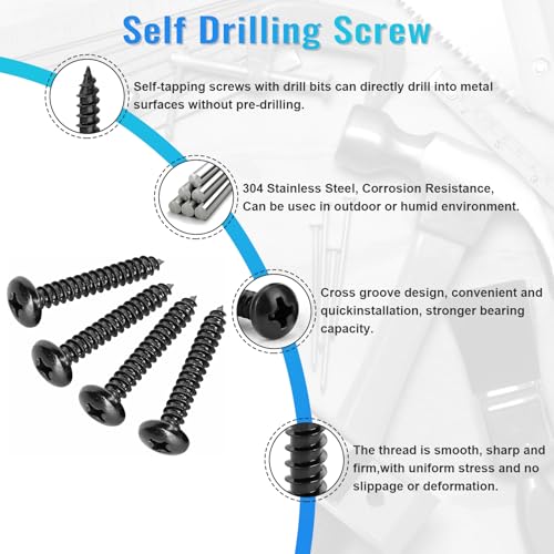 460PCS Black Stainless Steel Wood Screws Assortment Kit, 18 Sizes #4#6#8#10#12 Pan Head Sheet Metal Screws Self Tapping Screws Set for Wood Deck Drywall Concrete Screws, Length 1/4" to 2" Black Pan Head 460PCS