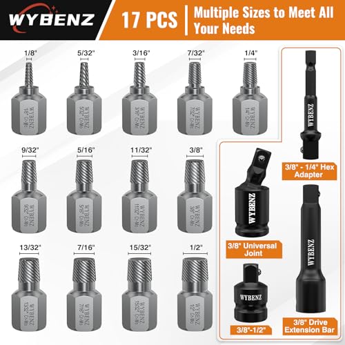 17Pcs Screw Extractor Set, 3/8" Inch Drive Multi-Spline Screw Extractor Kit 17pcs