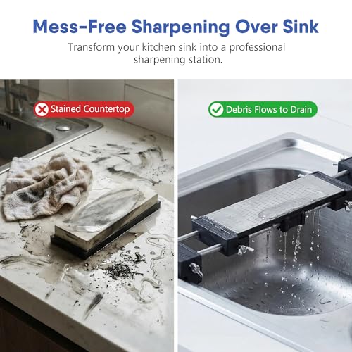 SCOTTCHEN 17-3/4” Sink Bridge Whetstone Holder - Heavy Duty 304 Stainless Steel Sharpening Stone Base for Kitchen Sink - Adjustable Non-Slip Rubber, Rust-Proof Fits Stones 3-1/4" to 14-1/4" 17-3/4"--SINK BRIDGE