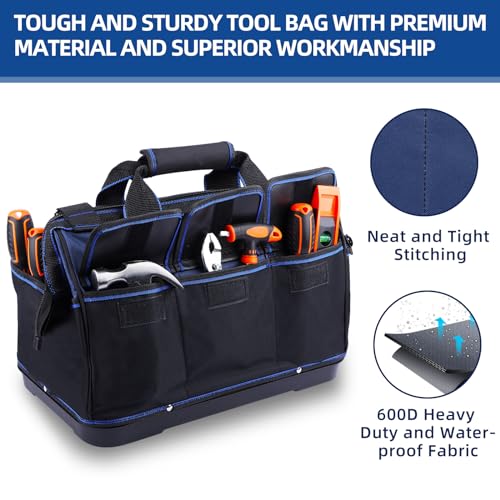Tool Bag 16'', Multi-pocket Tool Organizer with Water Proof Plastic Base, Heavy Duty Tote with Shoulder Strap for Tool Storage, Black & Blue
