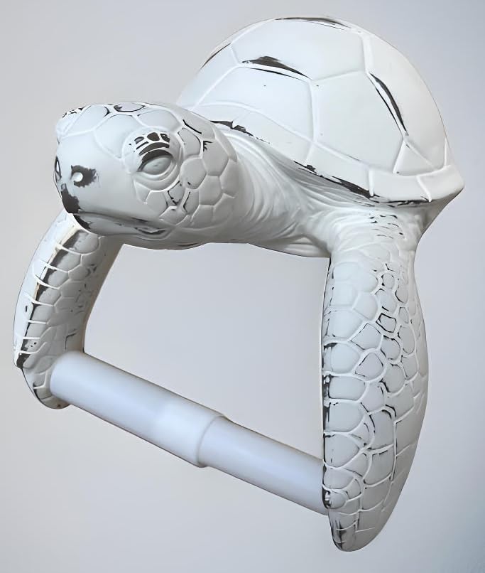 Sea Turtle Wall Mount Toilet Paper Roll Holder Rustic Beach Coastal Decor - Distressed White Finish