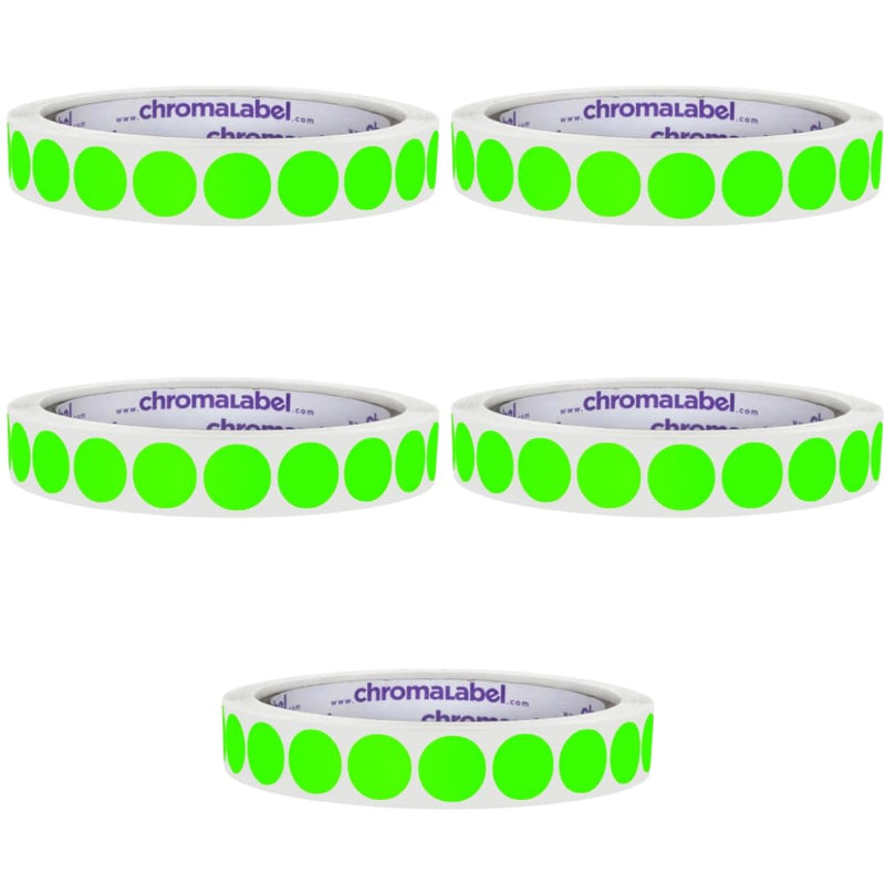 ChromaLabel 1/2 Inch Round Chroma Label Dots, High Visibility Permanent Color Coding Stickers, Easy to Write On Dot Stickers, 1000 Fluorescent Green Labels per Roll - Case of 5 1/2" Pack of 5