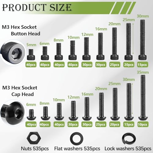 mxuteuk 2135PCS M3 Screws,4mm-35mm Metric Screws Nuts and Bolts Assortment Kit,12.9 & 10.9 Grade Alloy Steel Hex Socket Button & Cap Head M3 Screws with 2 Hex Wrench