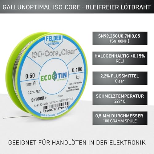 Galunoptimal Solder Tin ISO Core Soldering Wire Clear Sn100Ni+ Sn99.3CuNiGe 0.5 mm on 100 g Spool Made by Felder GmbH in Germany