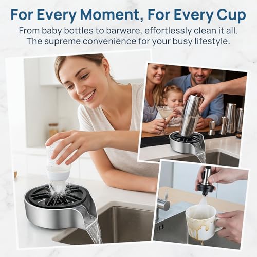 Glass Rinser for Kitchen Sink with Pull-Out Spray, High Pressure 360° Rotating Glass Cup Cleaner Sink Attachment Bottle Washer, Kitchen Sink Accessories Cup Washer Bottle Cleaner for Home Bar, Silver