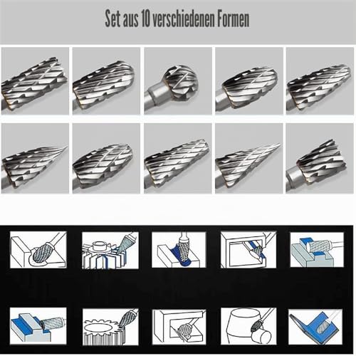 Carbide Burr Set for Dremel, 10 Pieces Wood Metal Cutter with 1/8 Inch Shank for DIY Woodworking, Carving, Engraving, Drilling, Metalworking