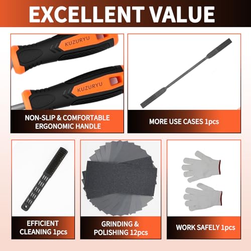 KUZURYU 31PCS Metal File Set - 4 Metal Files for Steel and 12 Needle Files with Steel Brush, Tool Bag, Riffler File, 12 Sandpaper and Gloves, Suitable for Metal and Wood Processing File Set-31pcs