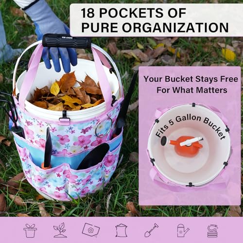 KUNN Garden Tool Waist Belt - 4 Deep Pockets Tool Apron for Women Men,Utility Pouch + Gardening Gift for Women Men 5 Gallon Bucket Tool Organizer with 18 Pockets