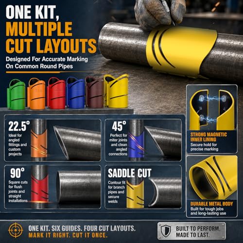 6-Pack Metal Pipe Cutting Guide Kit - Suitable Pipe Diameters 1-5/8", 1-7/8", 2-3/8", 2-7/8", 3-1/2", 4-1/2" | Markable 22.5°, 45°, 90° | Cross & Saddle Cuts | Anti-Shift Magnetic Liner 6-pack