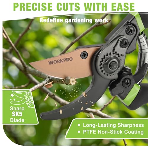 WORKPRO Hori Hori Garden Knife SK5 8.5" Bypass Pruning Shears, Die-cast Aluminum Handle, Hand Pruner for Branches, Flowers, Fruits