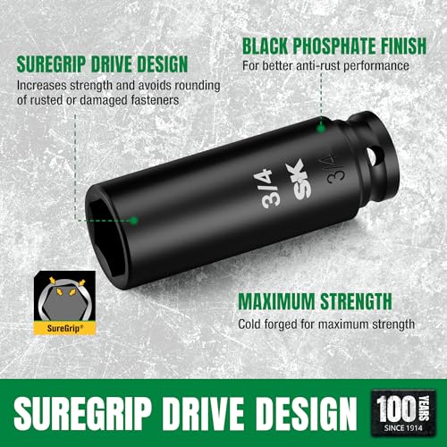 SK 3/8” Drive Impact Socket Set, Deep SAE Sockets, 8-Piece 5/16” to 3/4”