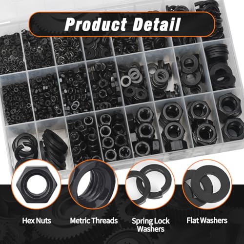 Metric Nuts Washers Assortment Kit M2-M12 Hex Nut Spring Washer Flat Washer Black Metric (M2-M12) 2604PCS