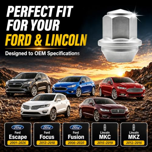 Kadrick 20pcs M12x1.5 Lug Nuts for 2001-2024 Ford Escape/2012-2018 Focus/2006-2020 Fusion/Lincoln 2015-19 MKC, One-Piece Solid OEM Factory Style Design, Built for Cold & Corrosive Environments M14x1.5 20 Pack-Ford Escape Silver