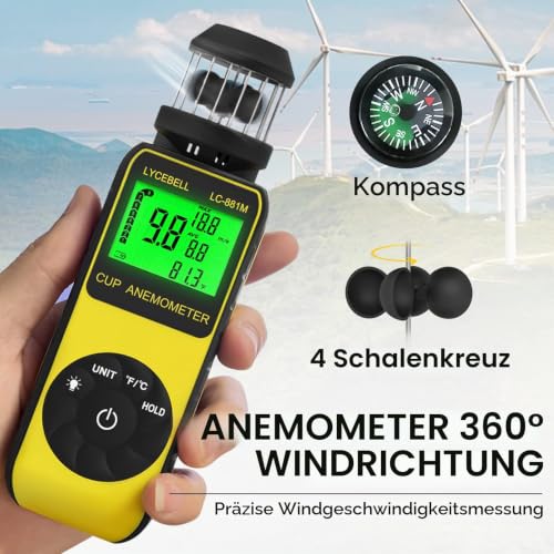 Wind Gauge, Handheld Digital Anemometer, Measures Wind Speed and Temperature with Compass, Wind Cup Anemometer for HVAC Vents, Surfing, Sailing (LC-881M)