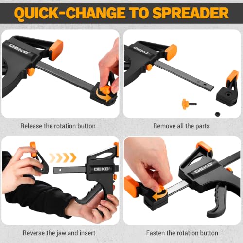 DEKOPRO 6-Pack Bar Clamps for Woodworking, One-Handed Clamp/Spreader, 4 x 6-Inch and 2 x 12-Inch Wood Clamps Set with 130 LBS Load Limit, Trigger Quick Grip F Clamp for Gluing, Woodworking, DIY