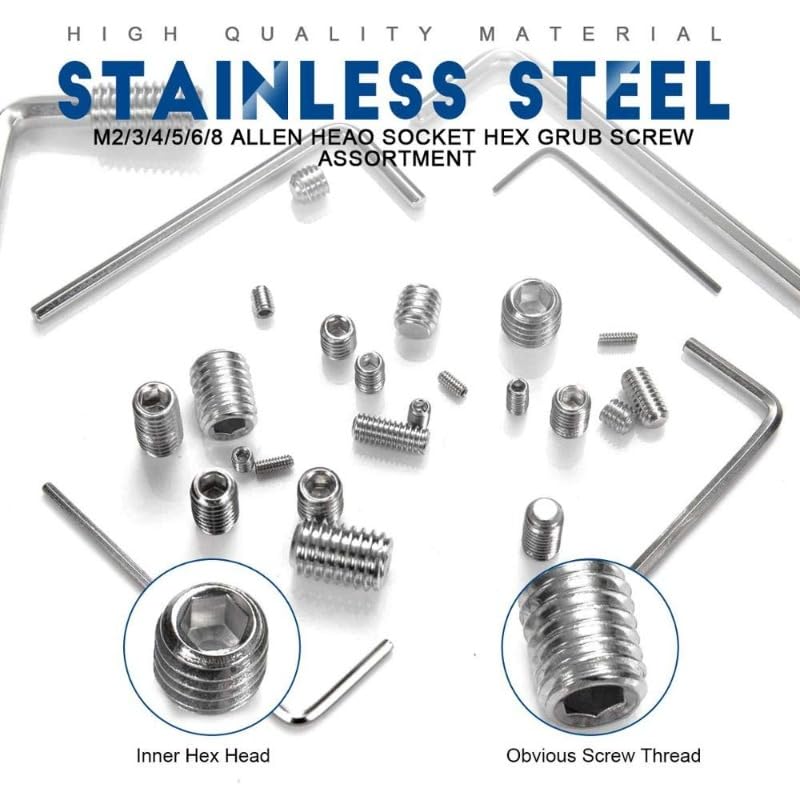 AXK 666Pcs Flat Point Set Screw Stainless Steel Hexagon Socket Grub Screw Kit M2 M3 M4 M5 M6 M8 Headless Screw Set Assortment Kit 666PCS Stainless Steel