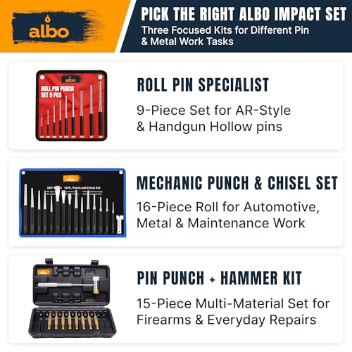 ALBO 15-Piece Pin Punch Set with Hammer, Brass and Plastic Drivers, Roll Pin Tools for Gunsmithing, Firearm and Small Machinery Repair, Knurled Handles, Hard Storage Case Set 15pcs (Black)