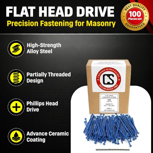 Flat Head Concrete Screw Anchor (3/16 x 4) 100 Pieces with Drill Bit (Miami-Dade Compliant) Chenango Supply