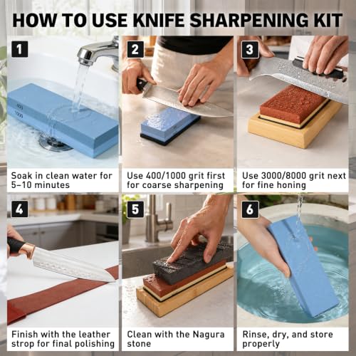12-Piece Knife Sharpening Stone Set, Whetstone 4 Side 400/1000 3000/8000 Grit, Whetstone Knife Sharpener Stone Kit, Leather Strop, Angle Guide, Flatting Stone, Polishing Compound, Honing Guide Upgraded Version Blue