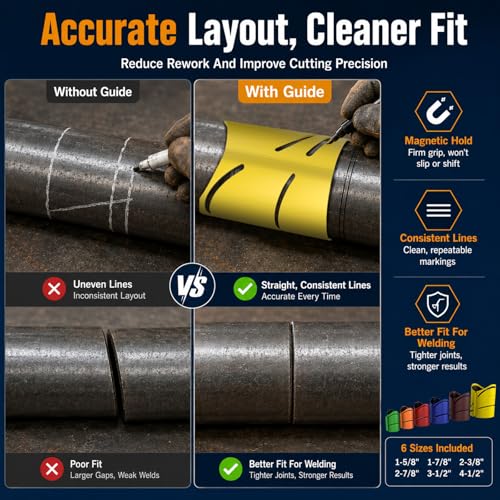 6-Pack Metal Pipe Cutting Guide Kit - Suitable Pipe Diameters 1-5/8", 1-7/8", 2-3/8", 2-7/8", 3-1/2", 4-1/2" | Markable 22.5°, 45°, 90° | Cross & Saddle Cuts | Anti-Shift Magnetic Liner 6-pack