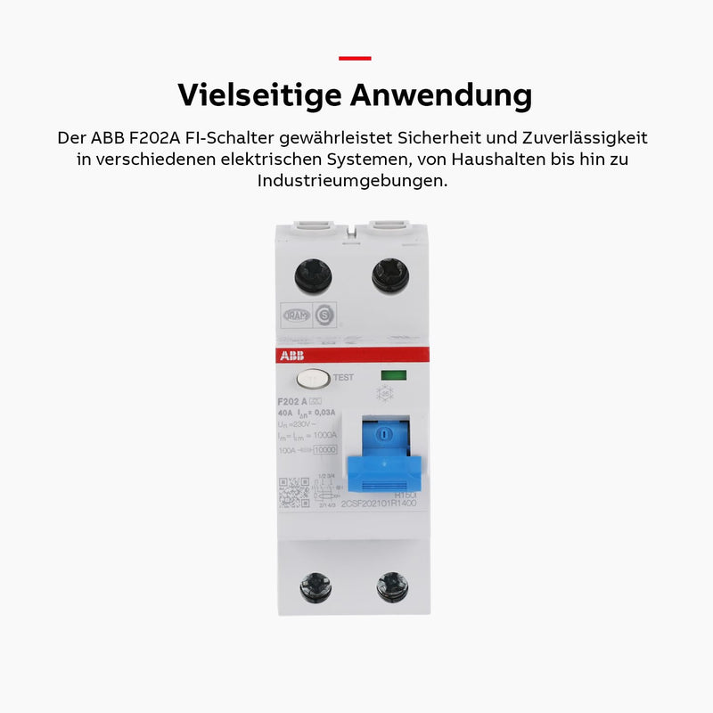 ABB Residual-Current Circuit Breaker 40 °F202A-40/0.03 | FI-Schalter zur Hutschienenmontage - Zuverlässiger Brandschutz durch 0,03A Differenzstrom Industriequalität 2CSF202101R1400 White Single pack