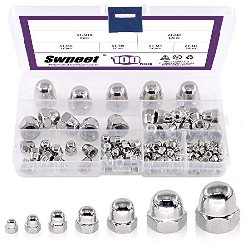 Swpeet 100Pcs 304 Stainless Steel Serrated Metric Acorn Cap Nuts Hex Dome Cap and 150Pcs 304 Stainless Steel 6 Sizes Metric Square Nuts Assortment Kit