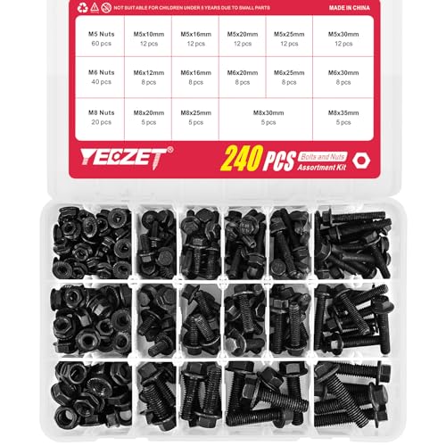 Flanged Hex Bolts and Nuts Assortment Kit, Black Alloy Steel Grade 10.9, 240 Pieces, M5 M6 M8 Metric Sizes, Black Oxide Finish 240PCS M5 M6 M8 Bolts and Nuts Kit