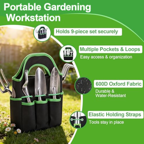 11-Piece Garden Tools Set – Heavy Duty Aluminum Alloy Hand Tools with Ergonomic Non-Slip Handles, Rust Resistant – Includes Trowel, Rake, Pruner & Carry Tote Bag – Gardening Kit for Women & Men