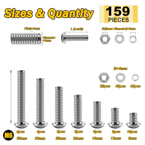 Mywish M6 Screw M6 x 25mm 30Pcs Flat Head Bolt Hex Socket Cap Screws Bolts &159-Piece M6 Screw Assortment Kit - 304 Stainless Steel Button Head Socket Cap Metric Screws, Bright Finish & Hex Spanner